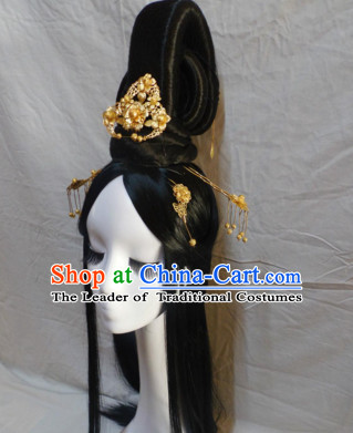 Chinese Classic Lady Black Long Wigs Headwear Crowns Hats Headpiece Hair Accessories Jewelry Set