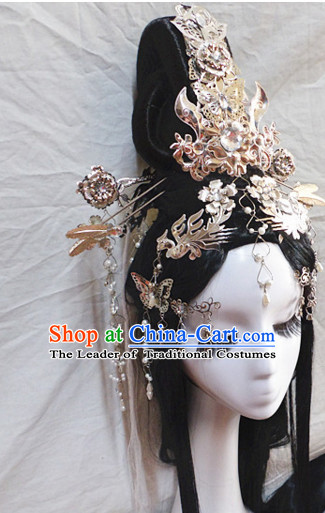 Chinese Classic Princess Fairy Long Black Wigs and Headwear Crowns Hats Headpiece Hair Accessories Jewelry Set