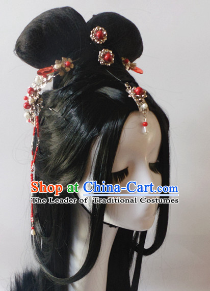 Chinese Classic Princess Fairy Long Black Wigs and Headwear Crowns Hats Headpiece Hair Accessories Jewelry Set