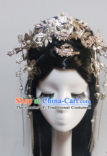 Chinese Classic Princess Fairy Long Black Wigs and Headwear Crowns Hats Headpiece Hair Accessories Jewelry Set