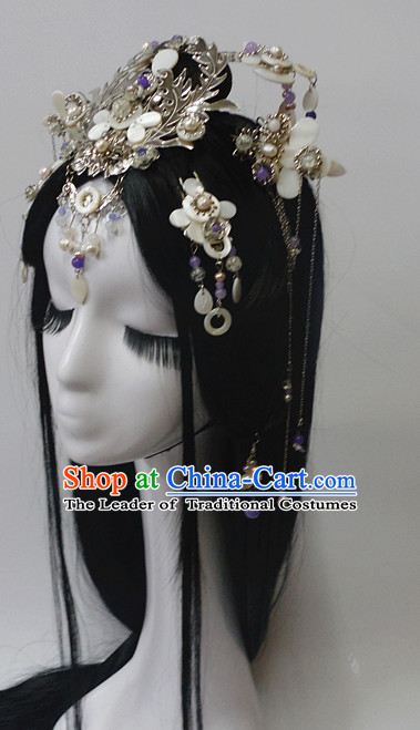 Chinese Classic Princess Fairy Long Black Wigs and Headwear Crowns Hats Headpiece Hair Accessories Jewelry Set