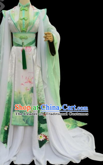 Green Lotus Chinese Traditional High Collar Empress Clothing Complete Set