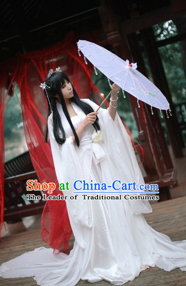 Top White Chinese Fairy Princess Hanfu Costumes Theater and Reenactment Costumes and Headgear Complete Set for Women