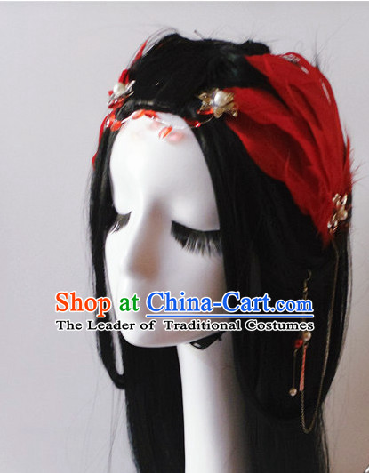 Red Chinese Classical Feather Hair Headwear Crowns Hats Headpiece Hair Accessories Jewelry Set