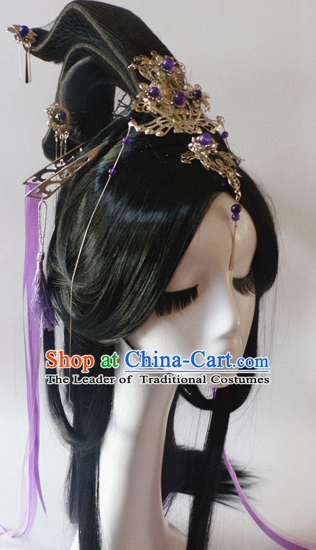 Silver Chinese Classical Fairy Long Wigs and Headwear Crowns Hats Headpiece Hair Accessories Jewelry Set