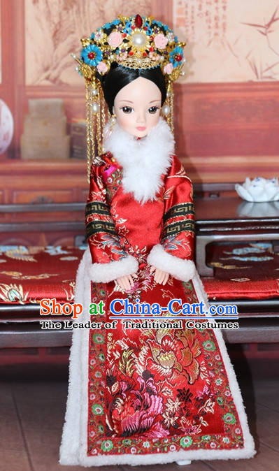 Traditional Qing Dynasty Chinese Women Clothing Imperial Dresses National Costume and Hair Ornaments Complete Set