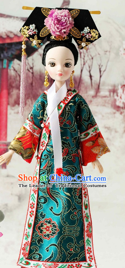 Traditional Qing Dynasty Chinese Women Clothing Imperial Dresses National Costume and Hair Ornaments Complete Set