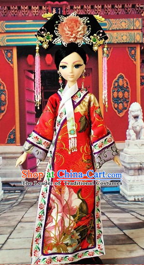 Traditional Qing Dynasty Chinese Women Empress Clothing Imperial Princess Dresses National Costume and Hair Ornaments Complete Set