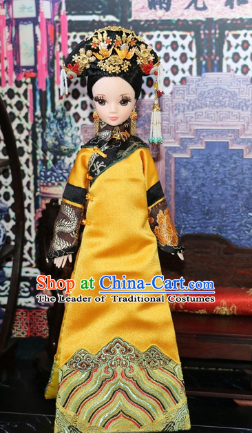 Traditional Qing Dynasty Chinese Women Empress Clothing Imperial Princess Dresses National Costume and Hair Ornaments Complete Set