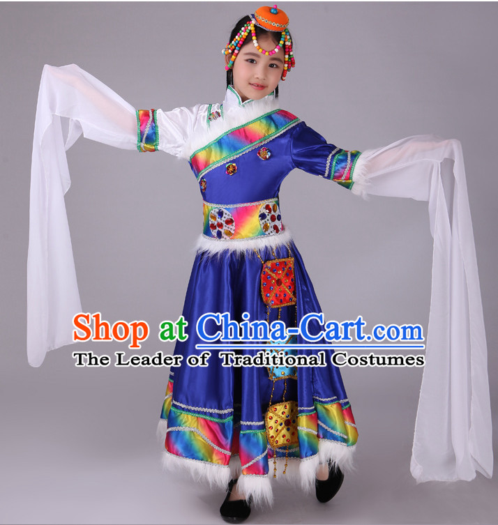 Chinese Tibetan Kids Minority Dance Dress China Fan Dance Costume Ribbon Dance Costumes Folk Dance Suit