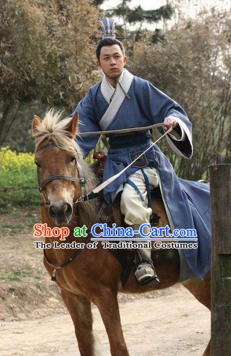Blue Chinese Men Knight Costume Stage Drama Costumes Parade Costume Complete Set