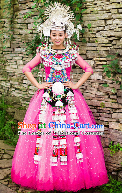 Pink Chinese Miao Princess Clothing Miao Clothes Minority Dresses Ethnic Costumes and Accessories Complete Set for Women