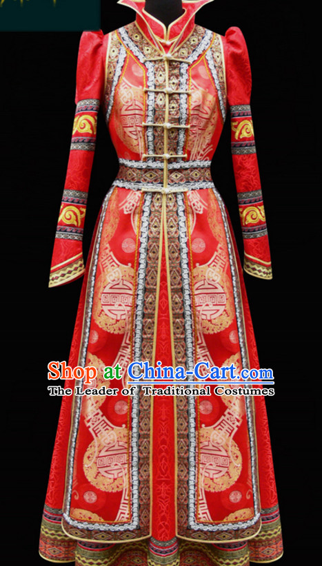 Red Mongolian Minority Empress Mongol Mongolia Princess Clothing Ethnic Traditional Costumes Complete Set