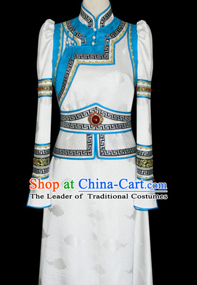 White Mongolian Minority Empress Mongol Mongolia Princess Clothing Ethnic Traditional Costumes Complete Set