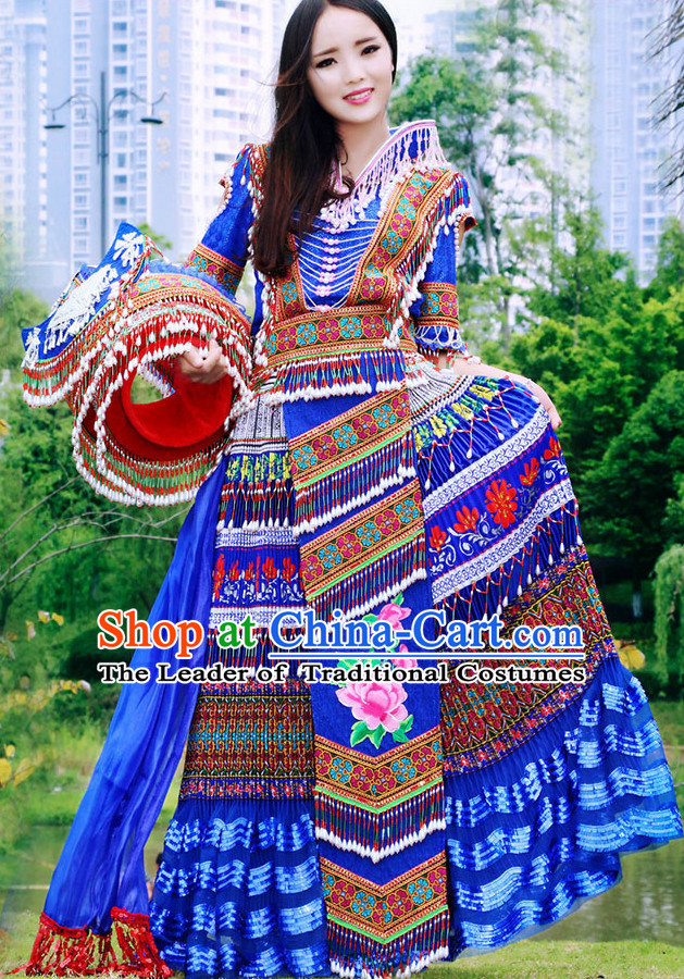 Hmong Women Minority Dresses Miao Girls Clothing Ethnic Miao Minority Dance Costume Minority Dress Dance Miao Costumes and Hat Complete Set