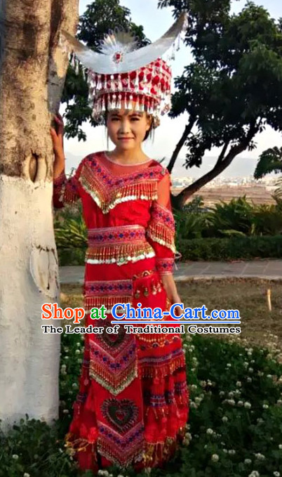 Hmong Women Minority Dresses Miao Girls Clothing Ethnic Miao Minority Dance Costume Minority Dress Dance Miao Costumes and Hat Complete Set