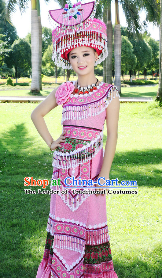 Hmong Women Minority Dresses Miao Girls Clothing Ethnic Miao Minority Dance Costume Minority Dress Dance Miao Costumes and Hat Complete Set