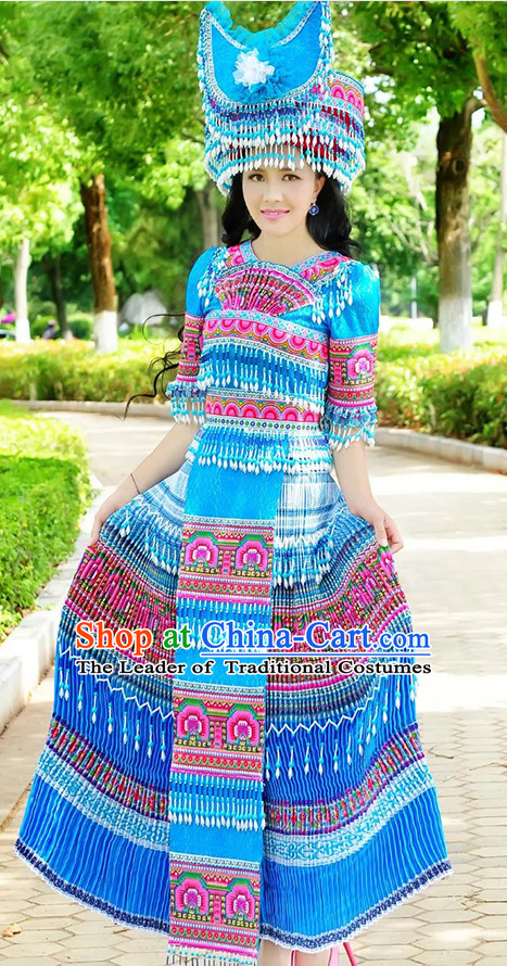 Hmong Women Minority Dresses Miao Girls Clothing Ethnic Miao Minority Dance Costume Minority Dress Dance Miao Costumes and Hat Complete Set