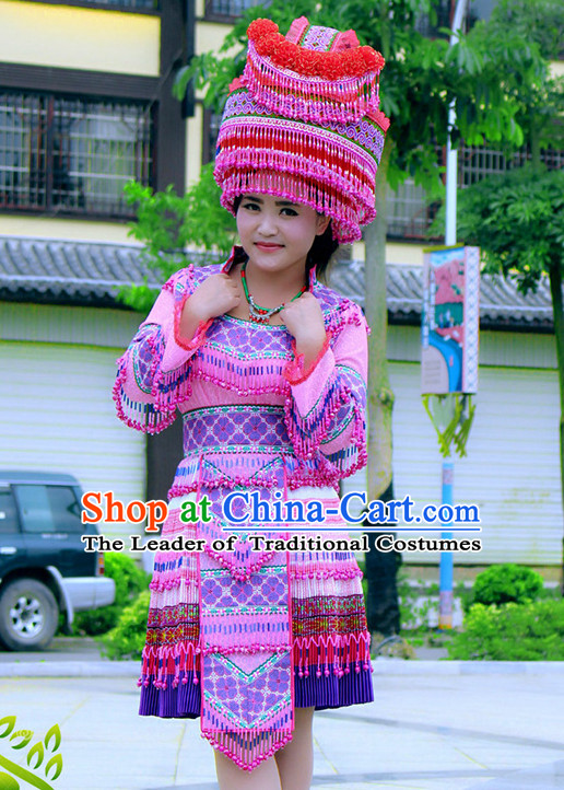 Hmong Women Minority Dresses Miao Girls Clothing Ethnic Miao Minority Dance Costume Minority Dress Dance Miao Costumes and Hat Complete Set