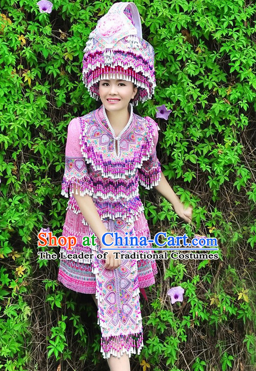 Hmong Women Minority Dresses Miao Girls Clothing Ethnic Miao Minority Dance Costume Minority Dress Dance Miao Costumes and Hat Complete Set