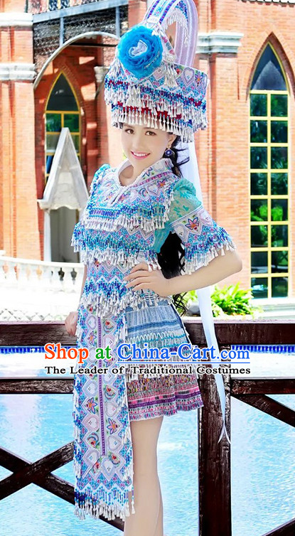 Hmong Women Minority Dresses Miao Girls Clothing Ethnic Miao Minority Dance Costume Minority Dress Dance Miao Costumes and Hat Complete Set