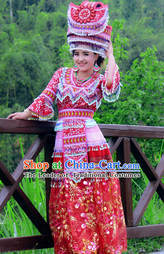 Hmong Women Minority Dresses Miao Girls Clothing Ethnic Miao Minority Dance Costume Minority Dress Dance Miao Costumes and Hat Complete Set