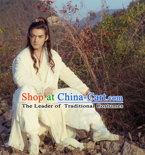 Ancient Chiinese Knight Samurai Costumes White Hanfu Clothing for Men