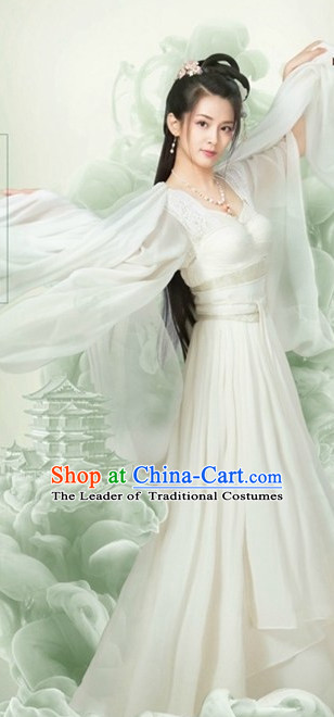 White Ancient Chinese Female Fairy Clothes Costumes Clothing and Hair Accessories Complete Set for Women
