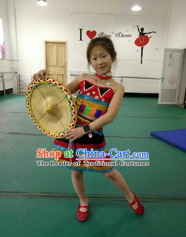 Traditional Chinese Yangge, Children Fan Dancing Wholesale Costume, Folk Dance Yangko Costume Dancewear for Kids