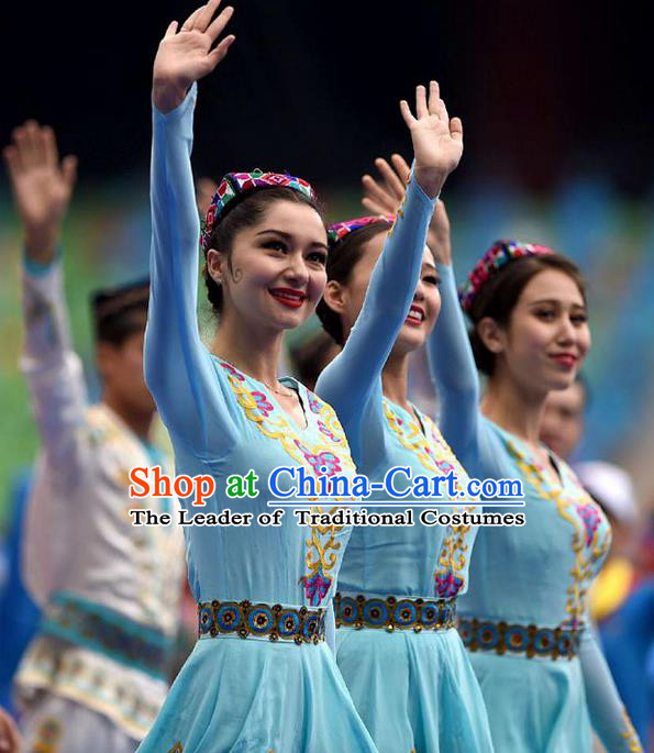 Traditional Chinese Yangge, Fan Dancing Wholesale Costume, Folk Dance Yangko Dance Costume, Traditional Chinese Uyghur Nationality Drums Dancewear for Women