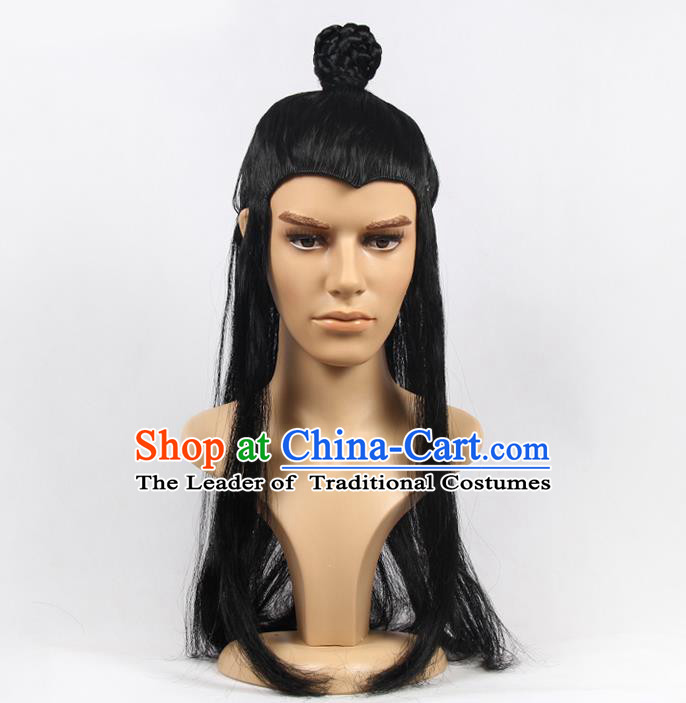 Chinese Ancient Swordsman Long Wig Set, Traditional Chinese Wig for Men