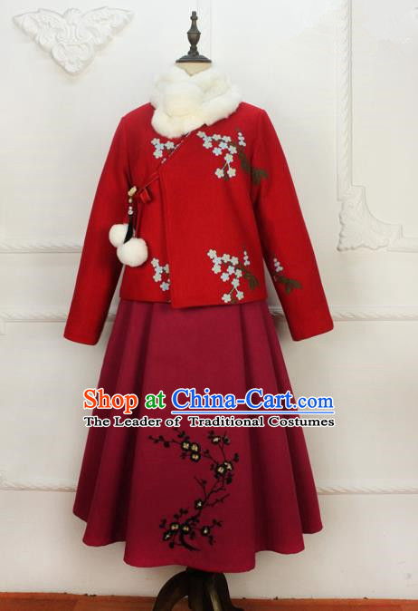 Traditional Classic Women Clothing, Traditional Chinese Classic Woolen Dress Embroidered Pleated Skirt, Chinese Han Dynasty Restoring Ancient Wool Long Skirt for Women