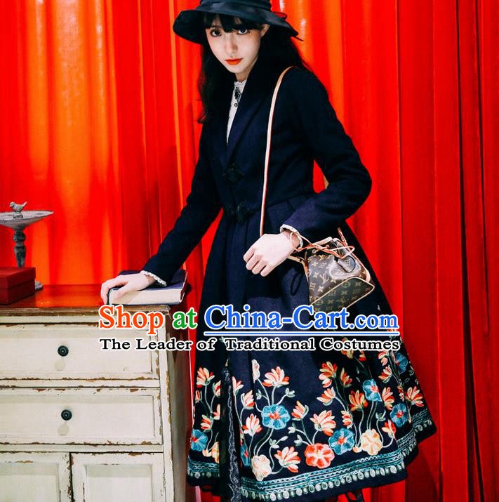 Traditional Classic Women Clothing, Traditional Classic Chinese Woolen Coat, Chinese Ancient Style Plate Buttons Embroidered Dust Coat for Women