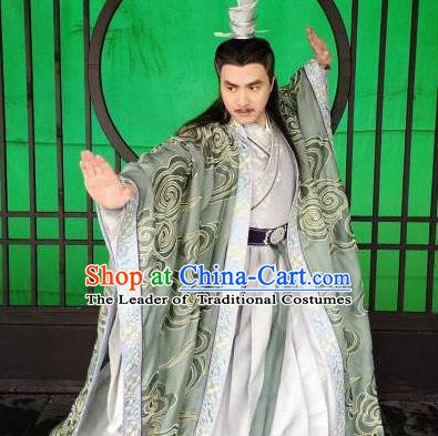 Traditional Chinese Ancient Old Men Embroidered Costumes, Ancient Chinese Cosplay Swordsmen Knight Costume Complete Set for Men