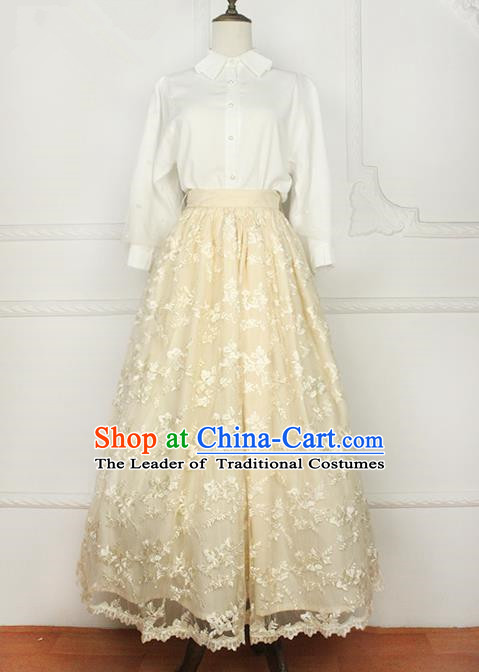 Traditional Classic Elegant Women Costume Bust Skirt, Restoring Ancient Princess Embroidery Lace Long Giant Swing Skirt for Women