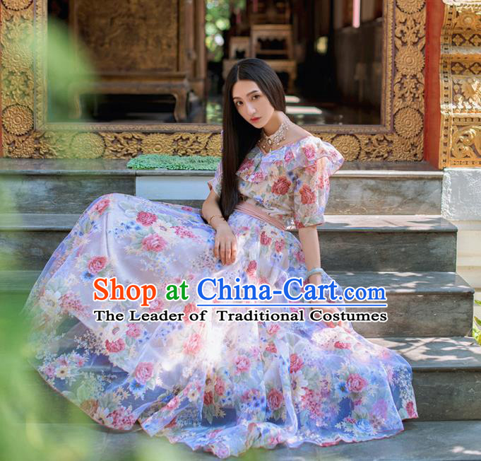 Traditional Classic Elegant Women Costume One-Piece Dress, Restoring Ancient Princess Printed organza Long Dress for Women