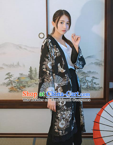 Traditional Japanese Restoring Ancient Kimono Costume Haori Crane Smock, China Kimono Modified Lace Cardigan for Women