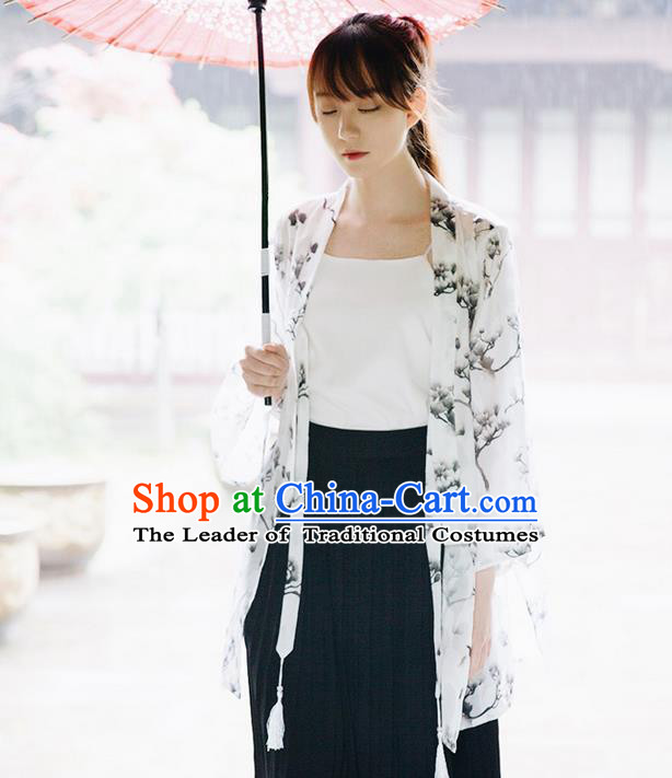 Traditional Japanese Restoring Ancient Kimono Costume Haori Signature Cotton Smock, China Kimono Modified Tassel Michelia Alba Long Cardigan for Women