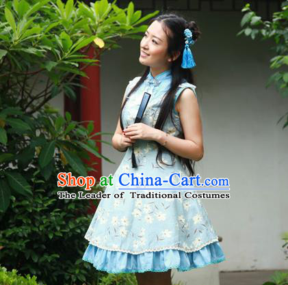 Traditional Classic Chinese Elegant Women Costume One-Piece Signature Cotton Dress, Restoring Ancient Princess Stand Collar Dress for Women