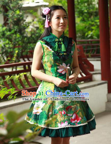 Traditional Classic Chinese Elegant Women Costume One-Piece Lotus Painting Dress, Restoring Ancient Princess Stand Collar Dress for Women