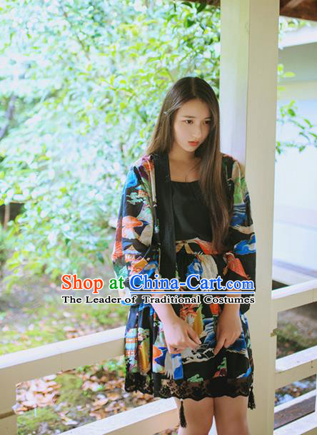 Traditional Japanese Restoring Ancient Kimono Costume Crane Smock, China Modified Short Cardigan for Women