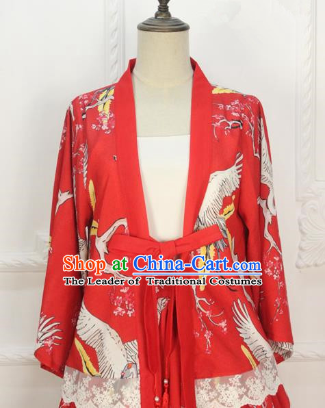 Traditional Japanese Restoring Ancient Kimono Costume Crane Smock, China Red Modified Short Cardigan Jacket for Women
