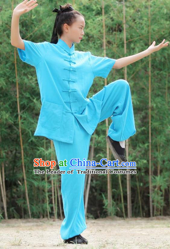 Traditional Chinese Wudang Linen Uniform Taoist Nun Uniform Kungfu Kung Fu Clothing Clothes Martial Pants Shirt Supplies Wu Gong Outfits, Chinese Short-Sleeve Tang Suit Wushu Clothing Tai Chi Suits Uniforms for Women