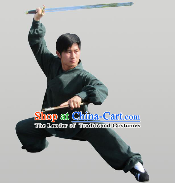 Traditional Chinese Wudang Uniform Taoist Uniform Thicken Linen Slant Opening Priest Frock Complete Set Kungfu Kung Fu Clothing Clothes Pants Slant Opening Shirt Supplies Wu Gong Outfits, Chinese Tang Suit Wushu Clothing Tai Chi Suits Uniforms for Men