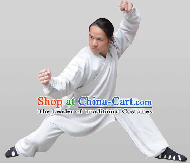 Traditional Chinese Wudang Uniform Taoist Uniform Thicken Linen Slant Opening Priest Frock Complete Set Kungfu Kung Fu Clothing Clothes Pants Slant Opening Shirt Supplies Wu Gong Outfits, Chinese Tang Suit Wushu Clothing Tai Chi Suits Uniforms for Men