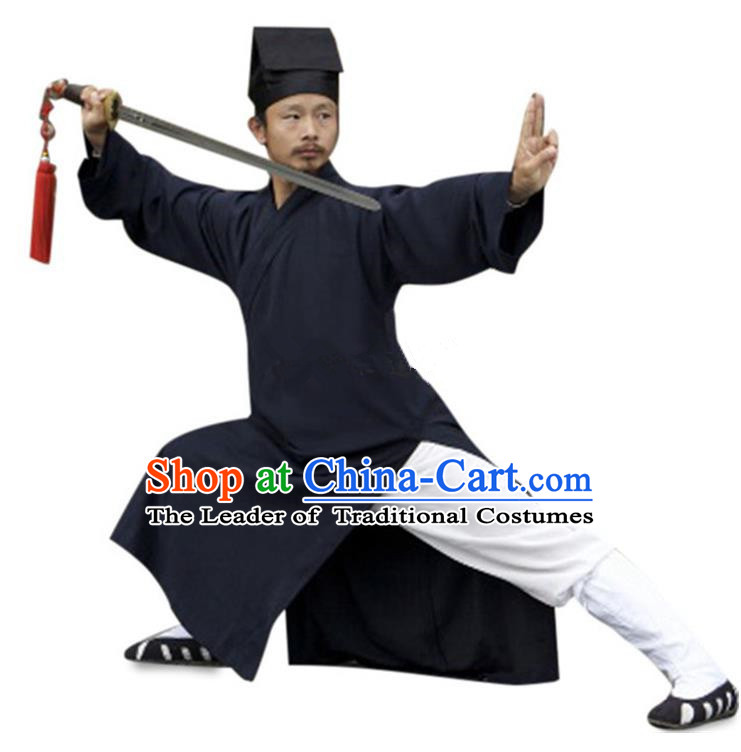 Traditional Chinese Wudang Uniform Taoist Uniform Linen Slant Opening Priest Frock Complete Set Kungfu Kung Fu Clothing Clothes Pants Slant Opening Shirt Supplies Wu Gong Outfits, Chinese Tang Suit Wushu Clothing Tai Chi Suits Uniforms for Men