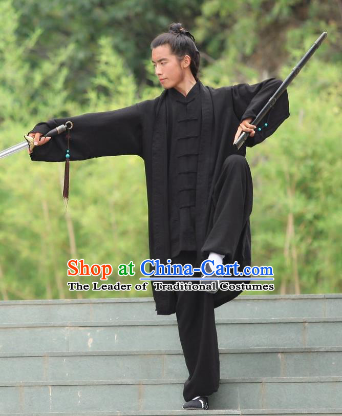 Traditional Chinese Wudang Uniform Taoist Uniform Linen Slant Opening Priest Frock Complete Set Kungfu Kung Fu Clothing Clothes Pants Slant Opening Shirt Supplies Wu Gong Outfits, Chinese Tang Suit Wushu Clothing Tai Chi Suits Uniforms for Men