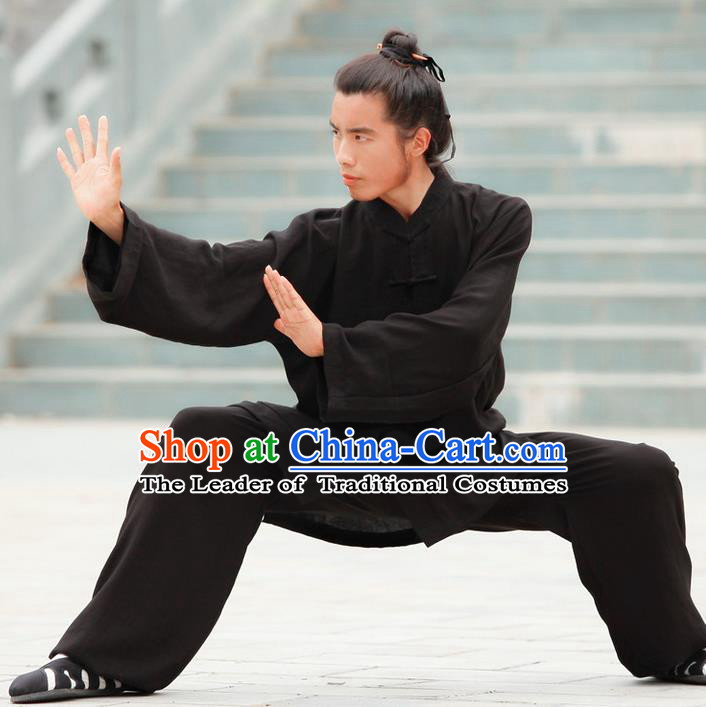 Traditional Chinese Wudang Uniform Taoist Uniform Linen Priest Frock Complete Set Kungfu Kung Fu Clothing Clothes Pants Slant Opening Shirt Supplies Wu Gong Outfits, Chinese Tang Suit Wushu Clothing Tai Chi Suits Uniforms for Men