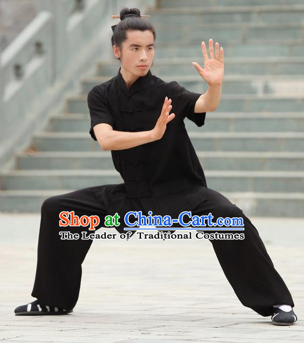 Traditional Chinese Wudang Uniform Taoist Uniform Priest Frock Complete Set Linen Kungfu Kung Fu Short Sleeve Clothing Clothes Pants Slant Opening Shirt Supplies Wu Gong Outfits, Chinese Tang Suit Wushu Clothing Tai Chi Suits Uniforms for Men