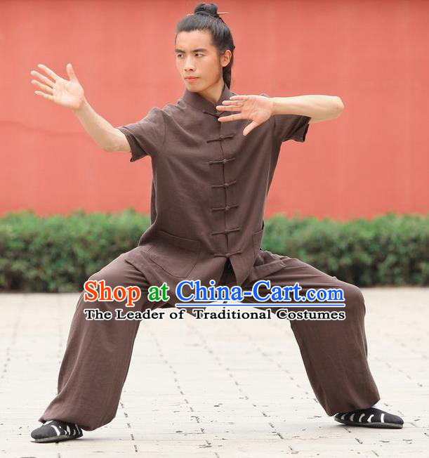 Traditional Chinese Wudang Uniform Taoist Uniform Priest Frock Complete Set Linen Kungfu Kung Fu Short Sleeve Clothing Clothes Pants Slant Opening Shirt Supplies Wu Gong Outfits, Chinese Tang Suit Wushu Clothing Tai Chi Suits Uniforms for Men